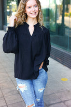 Load image into Gallery viewer, Boho Vibes Notched Neck Smocked Bubble Sleeve Top in Black
