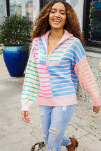 Load image into Gallery viewer, Perfectly Poised Blush &amp; Blue Stripe Half Zip Up Oversized Sweater
