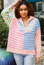 Load image into Gallery viewer, Perfectly Poised Blush &amp; Blue Stripe Half Zip Up Oversized Sweater
