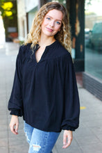 Load image into Gallery viewer, Boho Vibes Notched Neck Smocked Bubble Sleeve Top in Black
