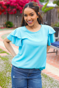 Lovely In Tiered Double Ruffle Sleeve Woven Top in Blue