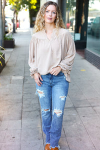 Boho Vibes Notched Neck Smocked Bubble Sleeve Top in Taupe