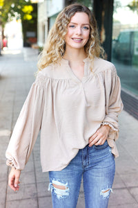 Boho Vibes Notched Neck Smocked Bubble Sleeve Top in Taupe