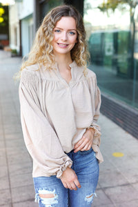 Boho Vibes Notched Neck Smocked Bubble Sleeve Top in Taupe