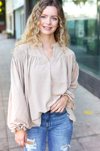 Boho Vibes Notched Neck Smocked Bubble Sleeve Top in Taupe