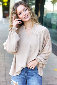 Boho Vibes Notched Neck Smocked Bubble Sleeve Top in Taupe