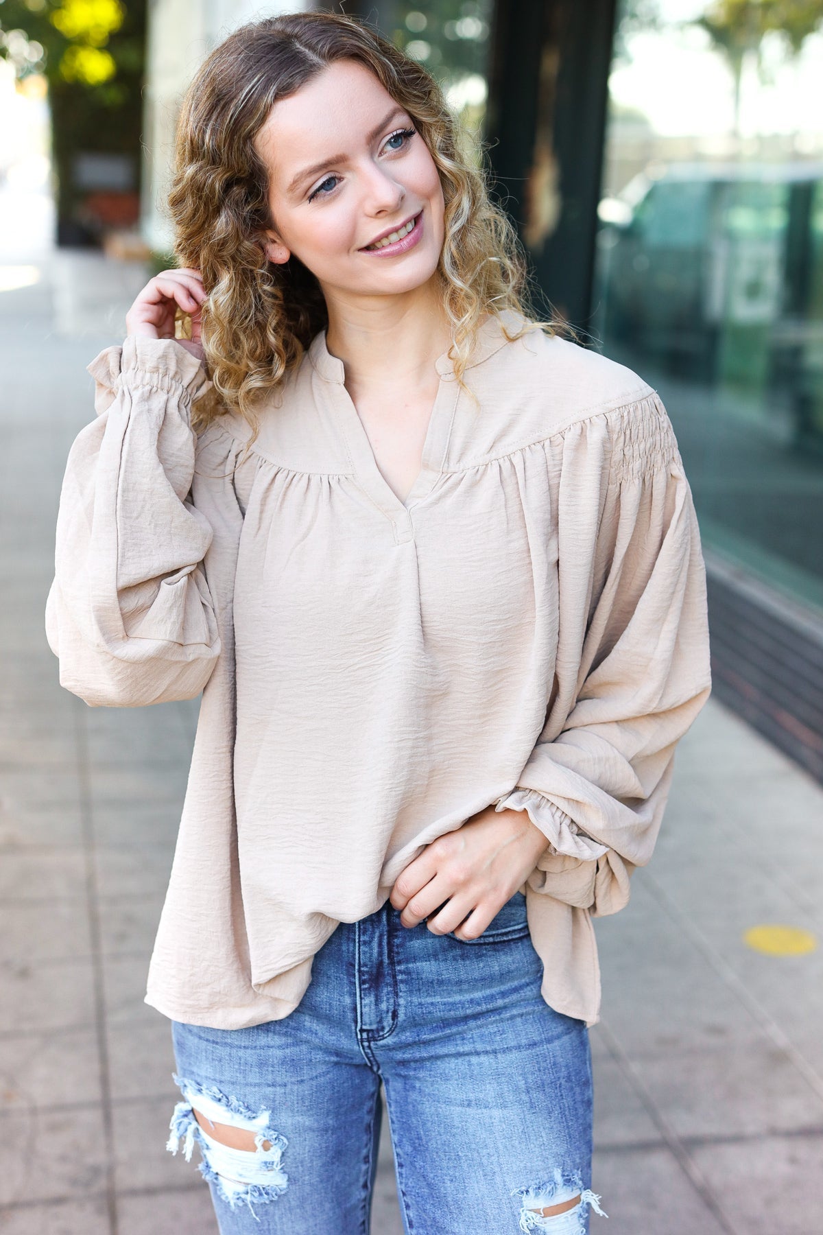 Boho Vibes Notched Neck Smocked Bubble Sleeve Top in Taupe