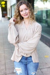 Boho Vibes Notched Neck Smocked Bubble Sleeve Top in Taupe