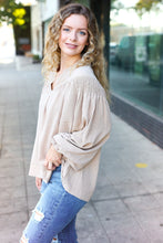 Load image into Gallery viewer, Boho Vibes Notched Neck Smocked Bubble Sleeve Top in Taupe
