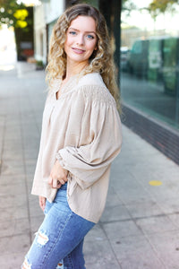 Boho Vibes Notched Neck Smocked Bubble Sleeve Top in Taupe