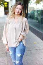 Load image into Gallery viewer, Boho Vibes Notched Neck Smocked Bubble Sleeve Top in Taupe
