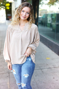 Boho Vibes Notched Neck Smocked Bubble Sleeve Top in Taupe