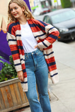 Load image into Gallery viewer, Put Together Rust &amp; Navy Striped Pocketed Cardigan
