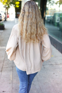 Boho Vibes Notched Neck Smocked Bubble Sleeve Top in Taupe