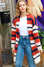 Load image into Gallery viewer, Put Together Rust &amp; Navy Striped Pocketed Cardigan
