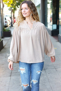 Boho Vibes Notched Neck Smocked Bubble Sleeve Top in Taupe