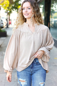 Boho Vibes Notched Neck Smocked Bubble Sleeve Top in Taupe