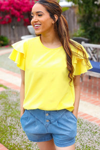 Lovely In Tiered Double Ruffle Sleeve Woven Top in Yellow