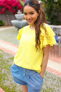 Lovely In Tiered Double Ruffle Sleeve Woven Top in Yellow