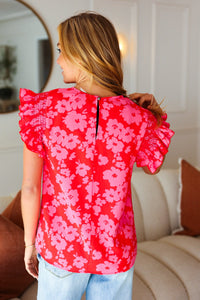 All The Frills Floral Smocked Ruffle Sleeve Top in Red & Fuchsia