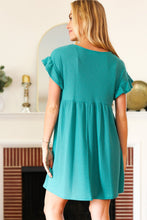 Load image into Gallery viewer, Summer Days Waffle Knit Ruffle Sleeve Babydoll Dress in Teal
