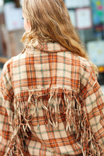 Load image into Gallery viewer, All Bets Off Taupe Flannel Plaid Fringe Jacket
