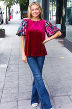 Load image into Gallery viewer, Diva Dreams Wine Floral Sequin Puff Sleeve Velvet Top
