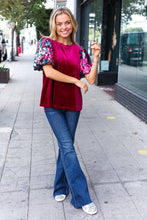 Load image into Gallery viewer, Diva Dreams Wine Floral Sequin Puff Sleeve Velvet Top
