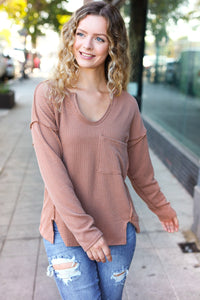 Eyes On You Mineral Wash Rib Notch Neck Pocketed Top in Camel