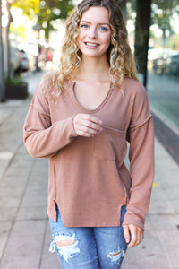 Eyes On You Mineral Wash Rib Notch Neck Pocketed Top in Camel