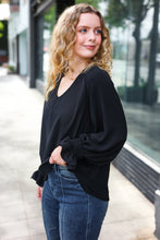 Load image into Gallery viewer, Hello Beautiful Smocked Bubble Sleeve Woven Top in Black
