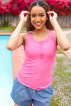 Load image into Gallery viewer, Summer Days Melange Ribbed Henley Button Down Tank in Fuchsia
