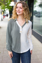 Load image into Gallery viewer, Start Your Day Half &amp; Half Collared Notched Neck Top in Olive
