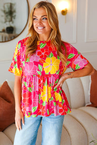 Time For Sun Drop Shoulder Babydoll Top in Fuchsia Floral