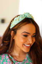 Load image into Gallery viewer, Heart Pearl &amp; Jewel Knot Knit Headband in Mint
