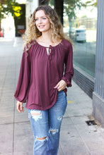 Load image into Gallery viewer, Versatile Front Tie Modal Knit Peasant Top in Wine
