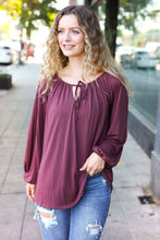 Load image into Gallery viewer, Versatile Front Tie Modal Knit Peasant Top in Wine
