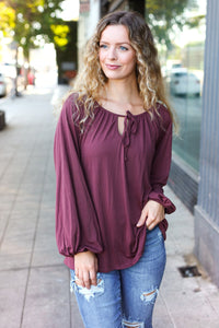 Versatile Front Tie Modal Knit Peasant Top in Wine