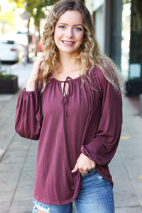 Versatile Front Tie Modal Knit Peasant Top in Wine