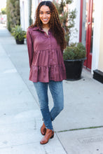 Load image into Gallery viewer, Perfectly You Button Down Tiered Babydoll Satin Top in Burgundy
