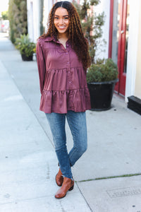 Perfectly You Button Down Tiered Babydoll Satin Top in Burgundy