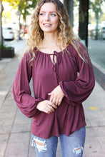 Load image into Gallery viewer, Versatile Front Tie Modal Knit Peasant Top in Wine
