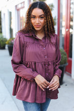 Load image into Gallery viewer, Perfectly You Button Down Tiered Babydoll Satin Top in Burgundy
