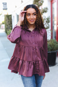 Perfectly You Button Down Tiered Babydoll Satin Top in Burgundy