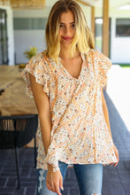 Load image into Gallery viewer, True Beauty Peach Floral Lattice Trim V Neck Ruffle Sleeve Top
