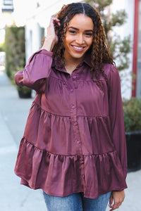 Perfectly You Button Down Tiered Babydoll Satin Top in Burgundy