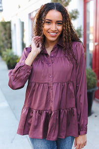 Perfectly You Button Down Tiered Babydoll Satin Top in Burgundy