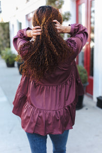 Perfectly You Button Down Tiered Babydoll Satin Top in Burgundy