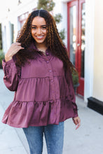 Load image into Gallery viewer, Perfectly You Button Down Tiered Babydoll Satin Top in Burgundy
