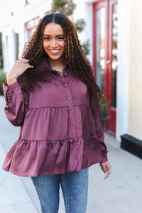 Perfectly You Button Down Tiered Babydoll Satin Top in Burgundy